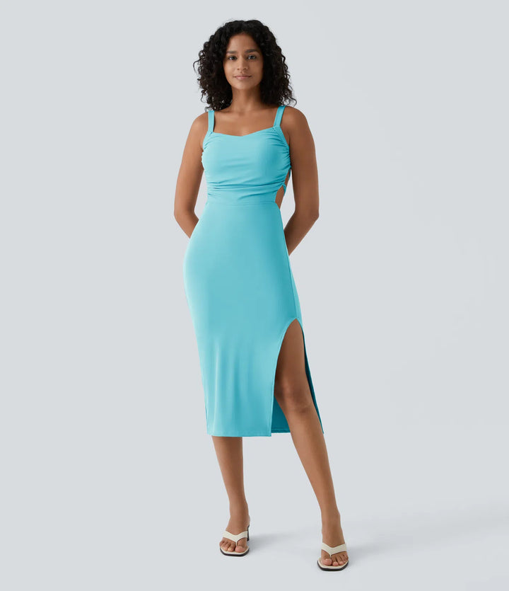 Robe midi casual laquée fendue, brassière intégrée, dos nu croisé