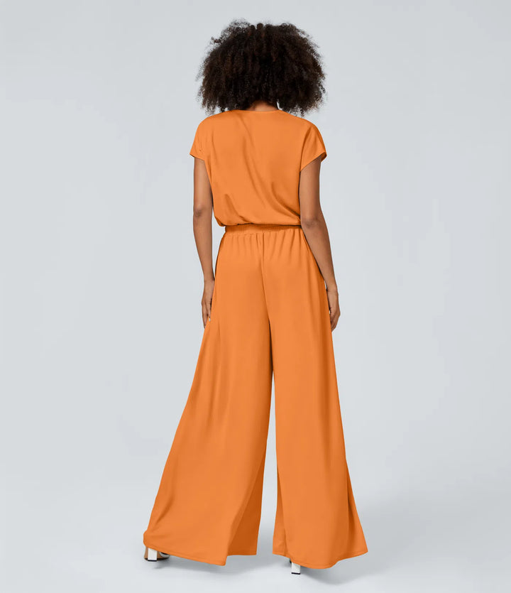 Combinaison Casual Col en V Jambes Large Plissée Manches Courtes Poche Latérale Gaufrée Fluide