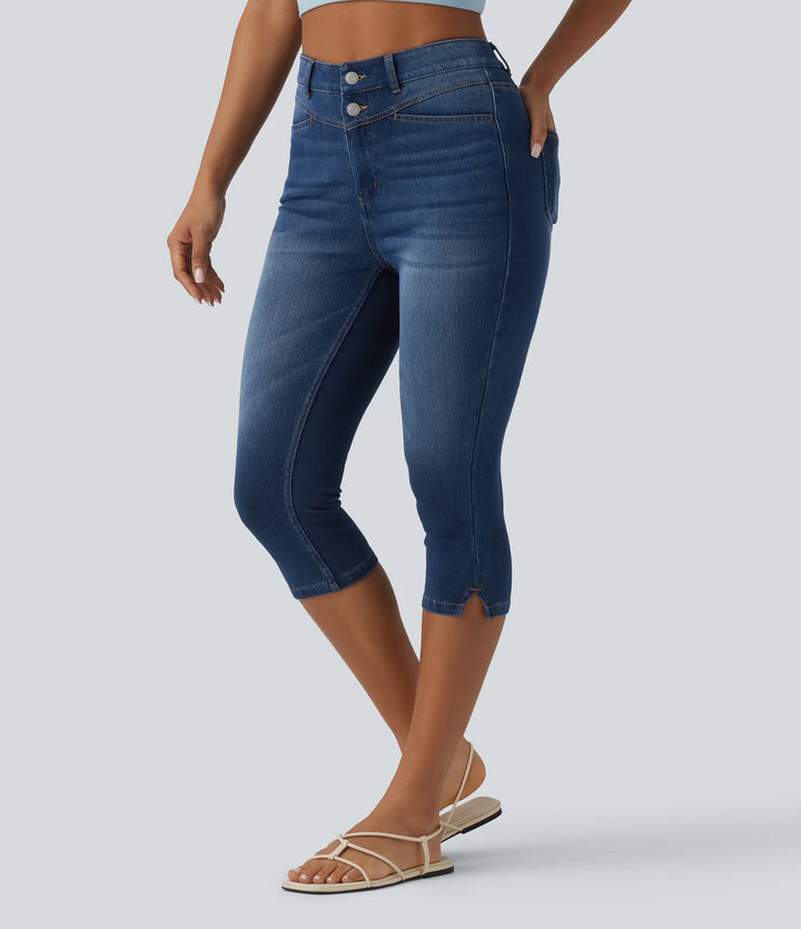 Jean slim casual capri taille haute avec fentes et poches