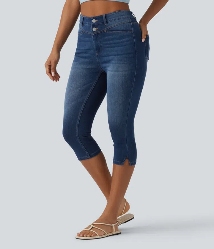 Jean slim casual capri taille haute avec fentes et poches