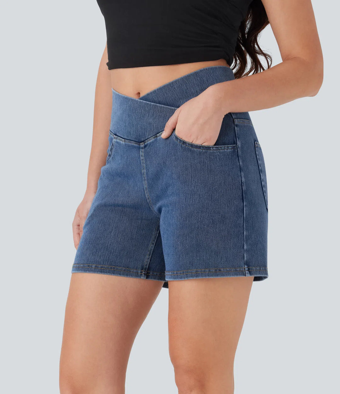 Jean & Marie Short décontracté évasé à jambe large en denim extensible délavé taille haute croisée avec poches multiples