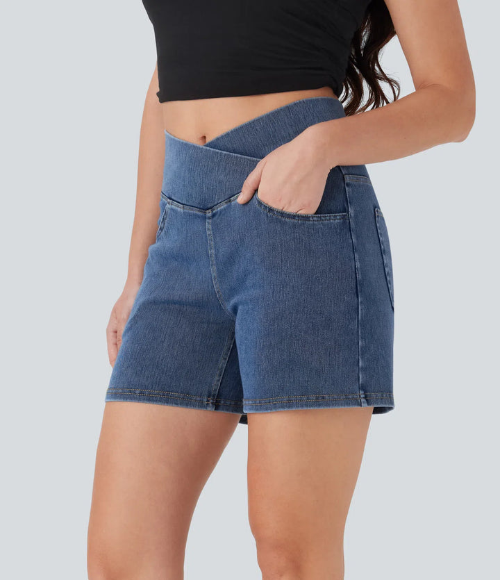Jean & Marie Short décontracté évasé à jambe large en denim extensible délavé taille haute croisée avec poches multiples