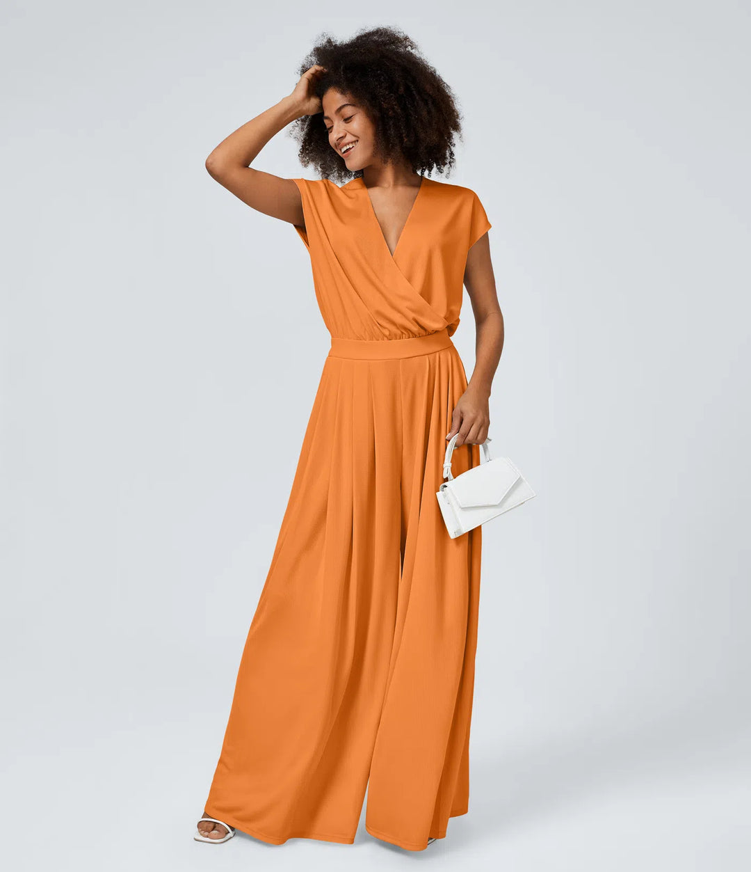 Combinaison Casual Col en V Jambes Large Plissée Manches Courtes Poche Latérale Gaufrée Fluide