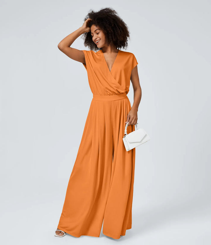 Combinaison Casual Col en V Jambes Large Plissée Manches Courtes Poche Latérale Gaufrée Fluide