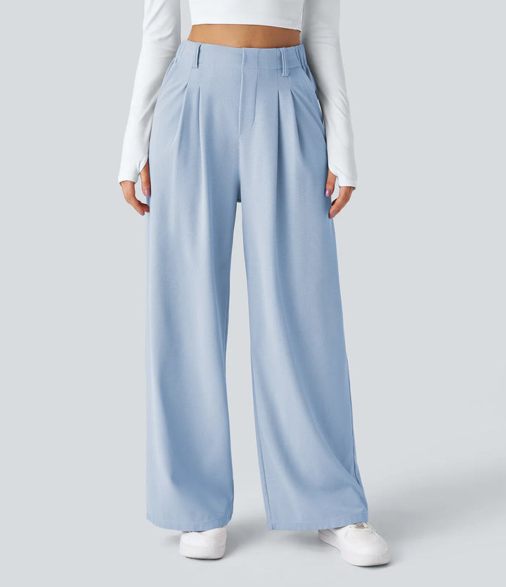 Pantalon Tailleur Large Fluide Gaufré Taille Haute Poches Latérales
