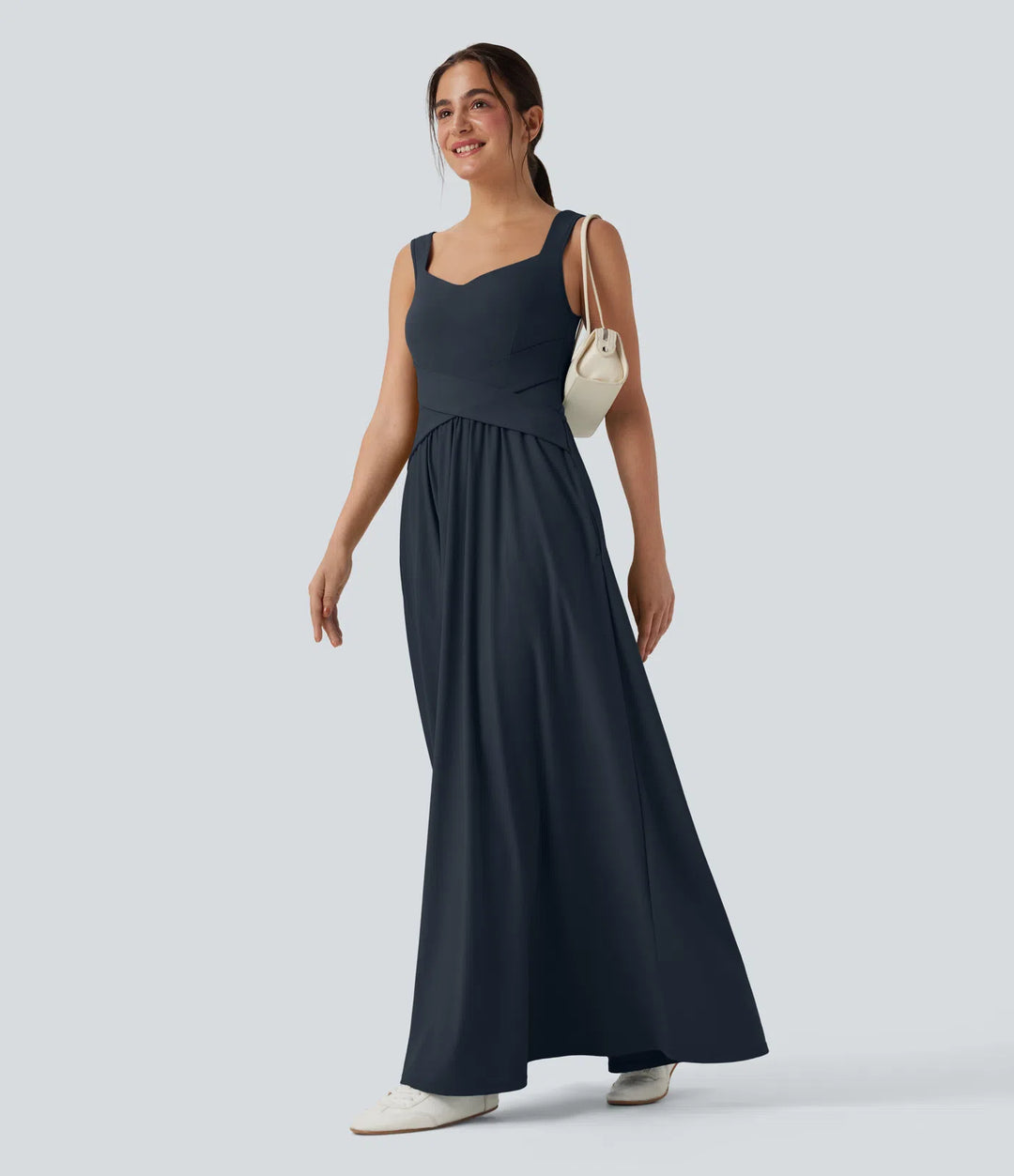Robe maxi casual fluide dos nu, avec brassière intégrée et poches
