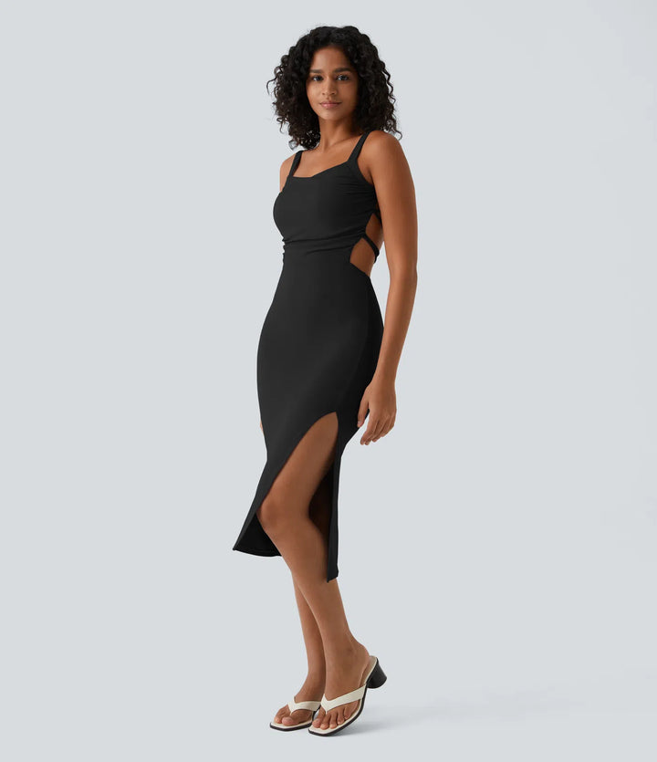 Robe midi casual laquée fendue, brassière intégrée, dos nu croisé