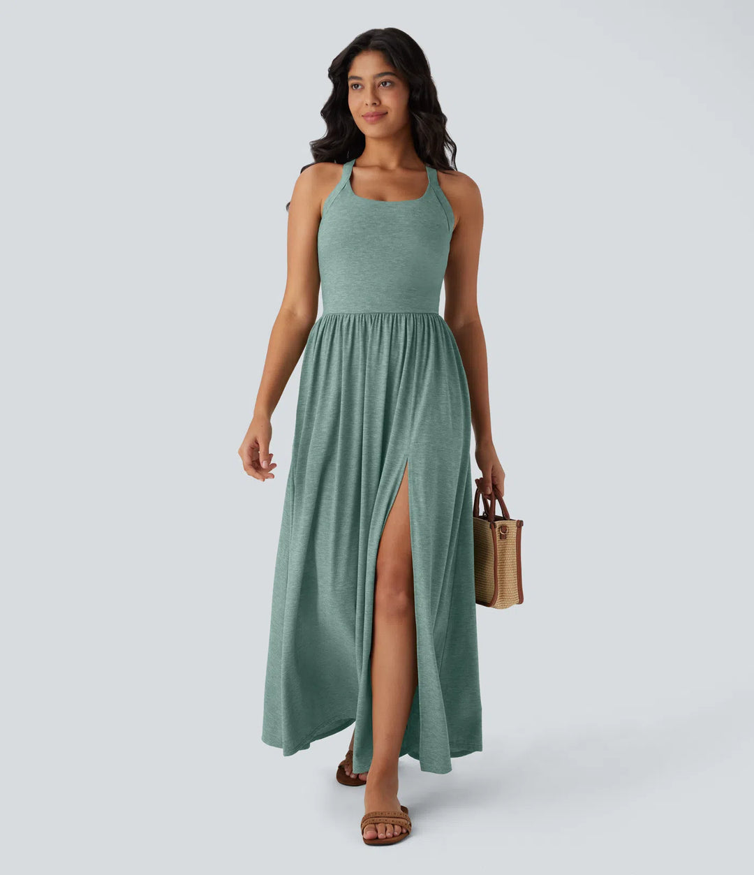 Robe longue fluide fendue avec poches latérales, dos nu et effet torsadé