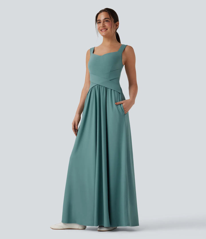 Robe maxi casual fluide dos nu, avec brassière intégrée et poches