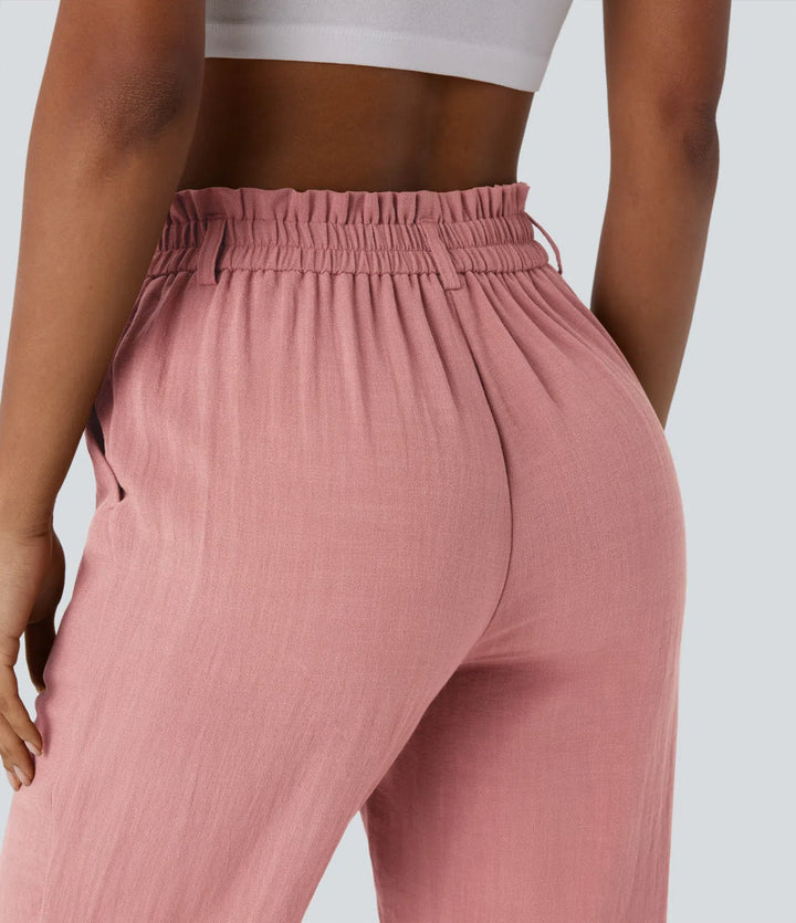 Pantalon capri effet lin taille haute avec poches zippées