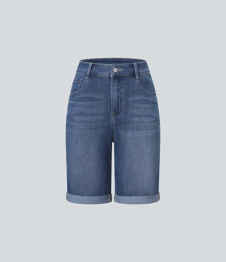 Bermuda décontracté en jean extensible délavé Halara Flex™ taille haute avec revers et multiples poches