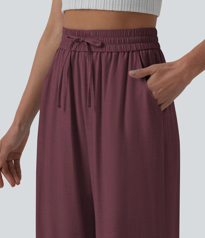 Pantalon casual large mélange lin taille haute avec cordon de serrage et poches