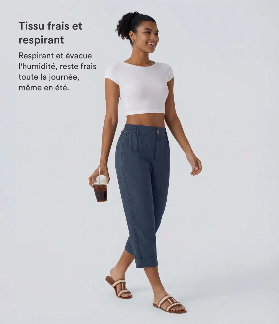 Pantalon capri effet lin taille haute avec poches zippées
