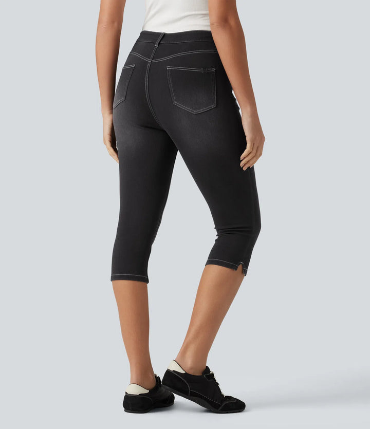 Jean slim casual capri taille haute avec fentes et poches