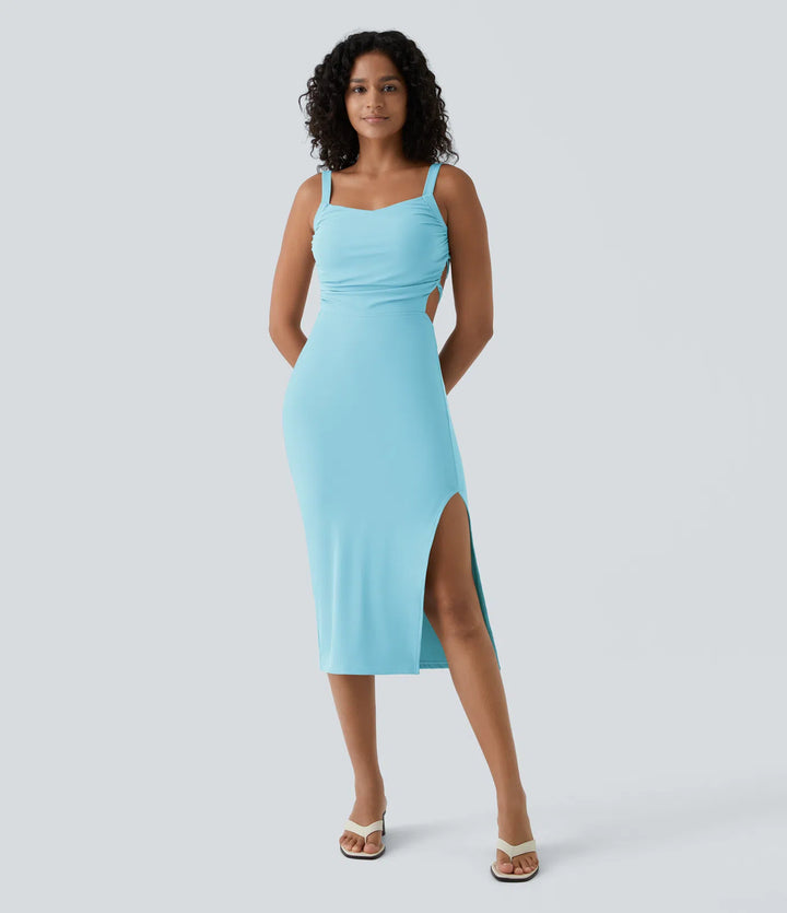 Robe midi casual laquée fendue, brassière intégrée, dos nu croisé