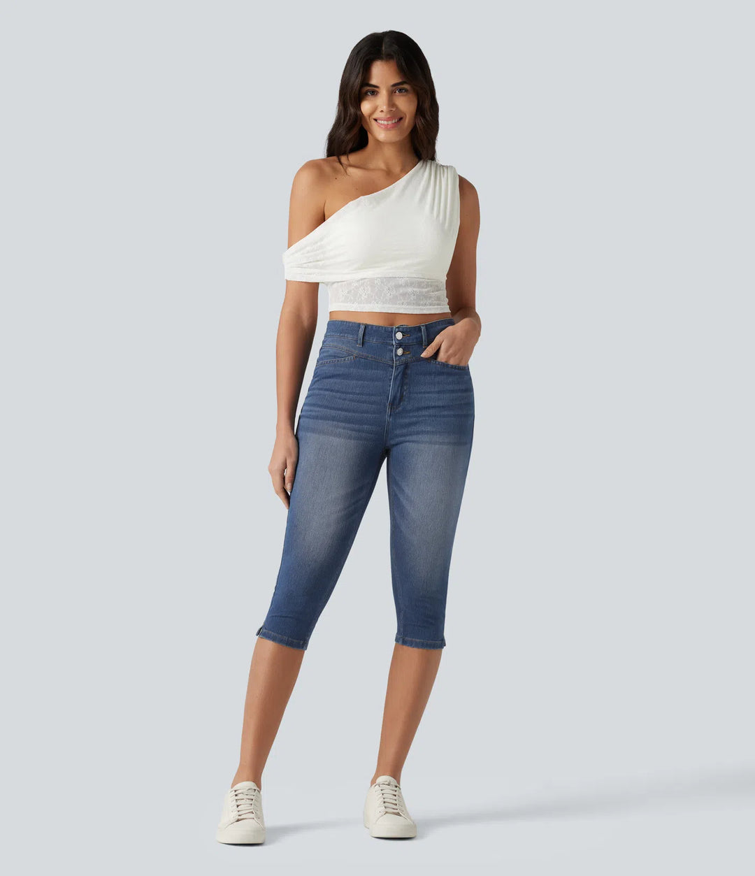 Jean slim casual capri taille haute avec fentes et poches