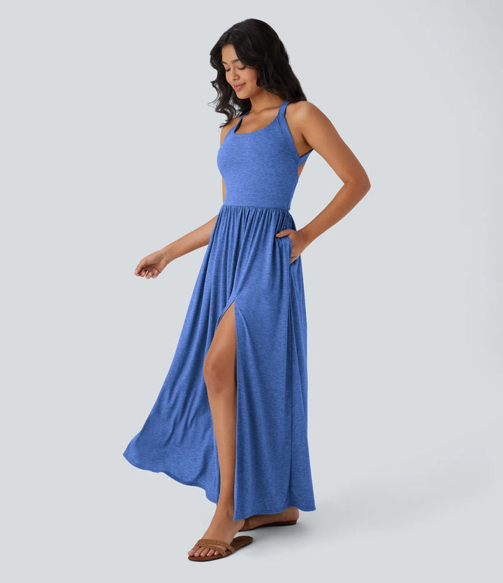 Robe longue fluide fendue avec poches latérales, dos nu et effet torsadé