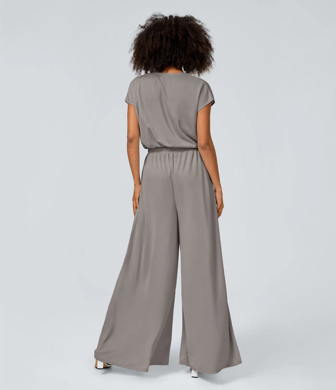 Combinaison Casual Col en V Jambes Large Plissée Manches Courtes Poche Latérale Gaufrée Fluide