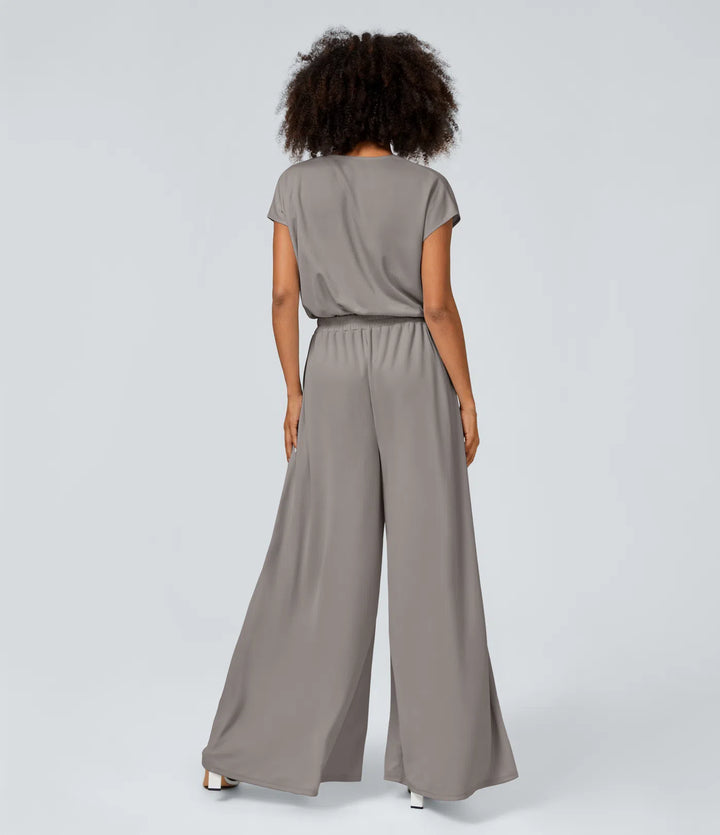 Combinaison Casual Col en V Jambes Large Plissée Manches Courtes Poche Latérale Gaufrée Fluide