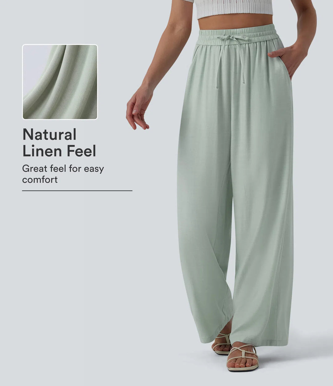 Pantalon casual large mélange lin taille haute avec cordon de serrage et poches