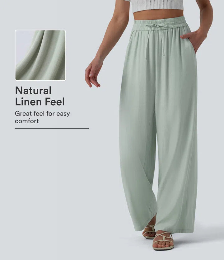 Pantalon casual large mélange lin taille haute avec cordon de serrage et poches