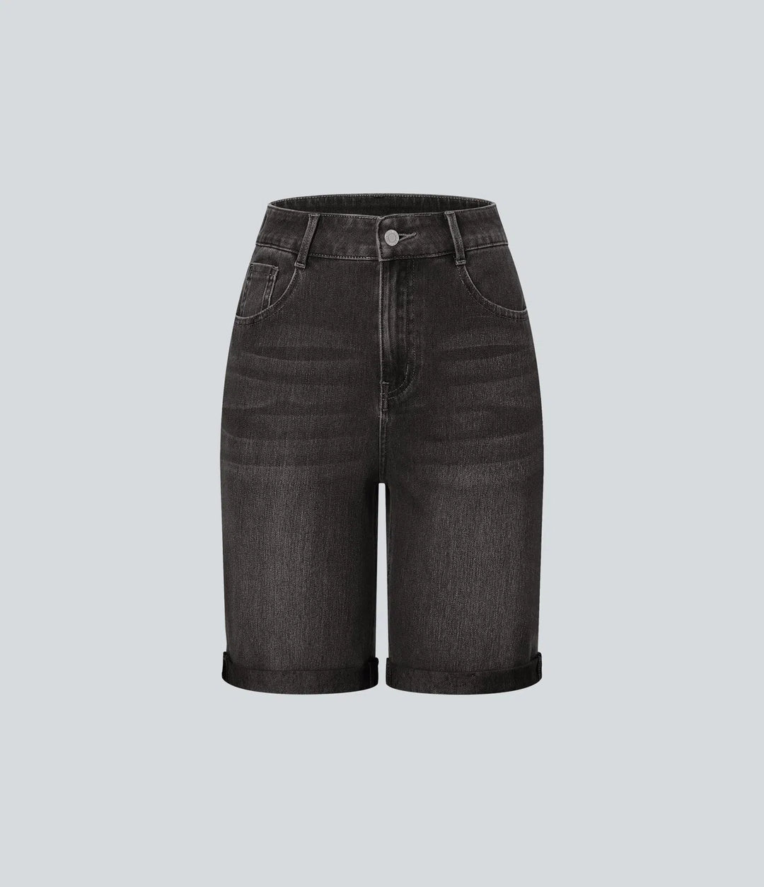 Bermuda décontracté en jean extensible délavé Halara Flex™ taille haute avec revers et multiples poches
