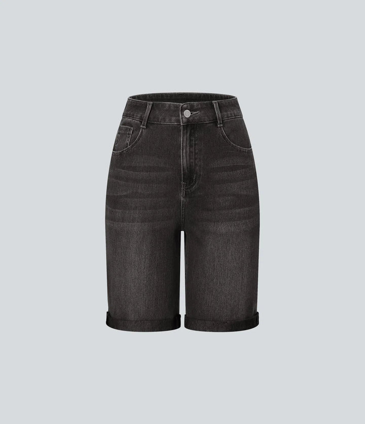 Bermuda décontracté en jean extensible délavé Halara Flex™ taille haute avec revers et multiples poches