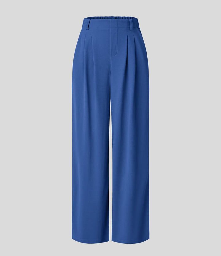 Pantalon fluide à taille haute et jambes larges, en tissu gaufré, avec poches latérales