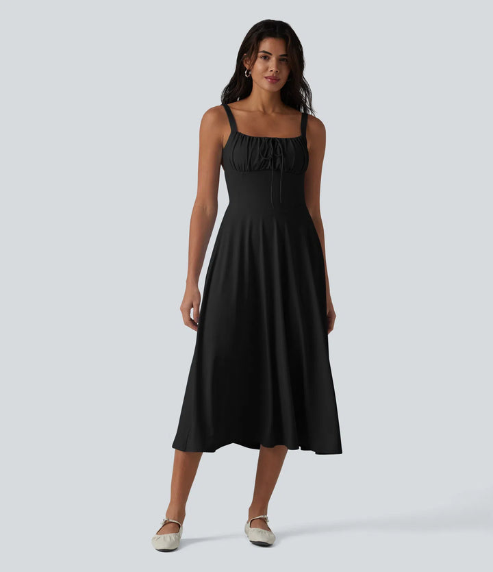 Robe fluide midi de villégiature sans manches, encolure carrée, dos nu croisé, fronces et soutien-gorge intégré