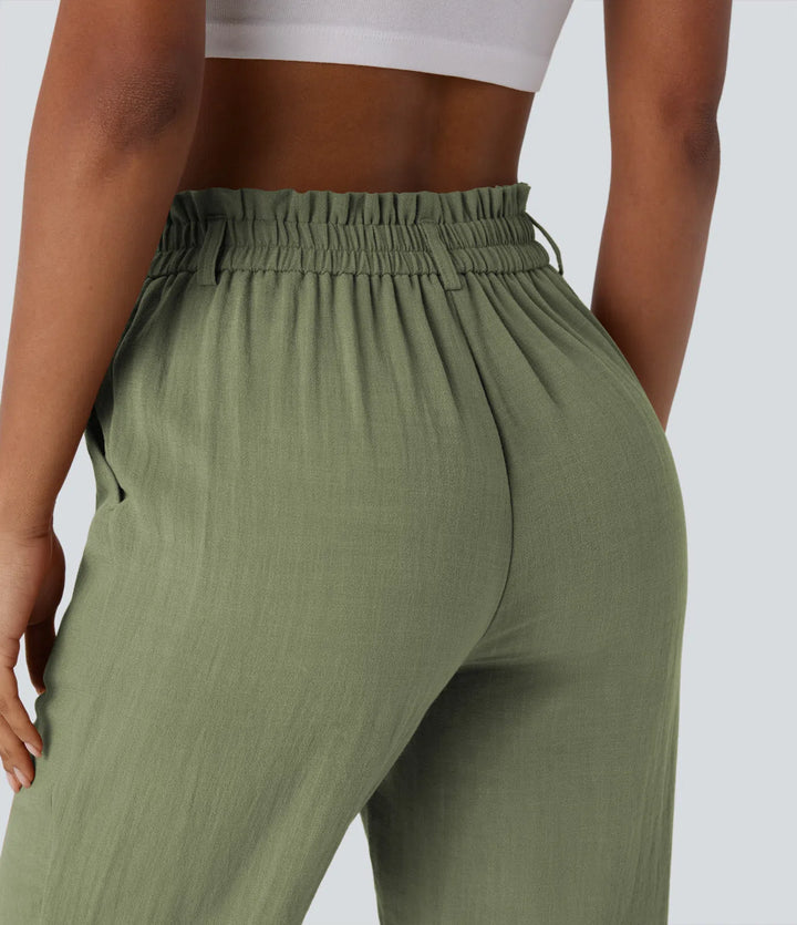 Pantalon capri effet lin taille haute avec poches zippées