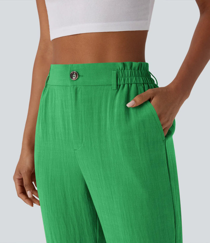 Pantalon capri effet lin taille haute avec poches zippées