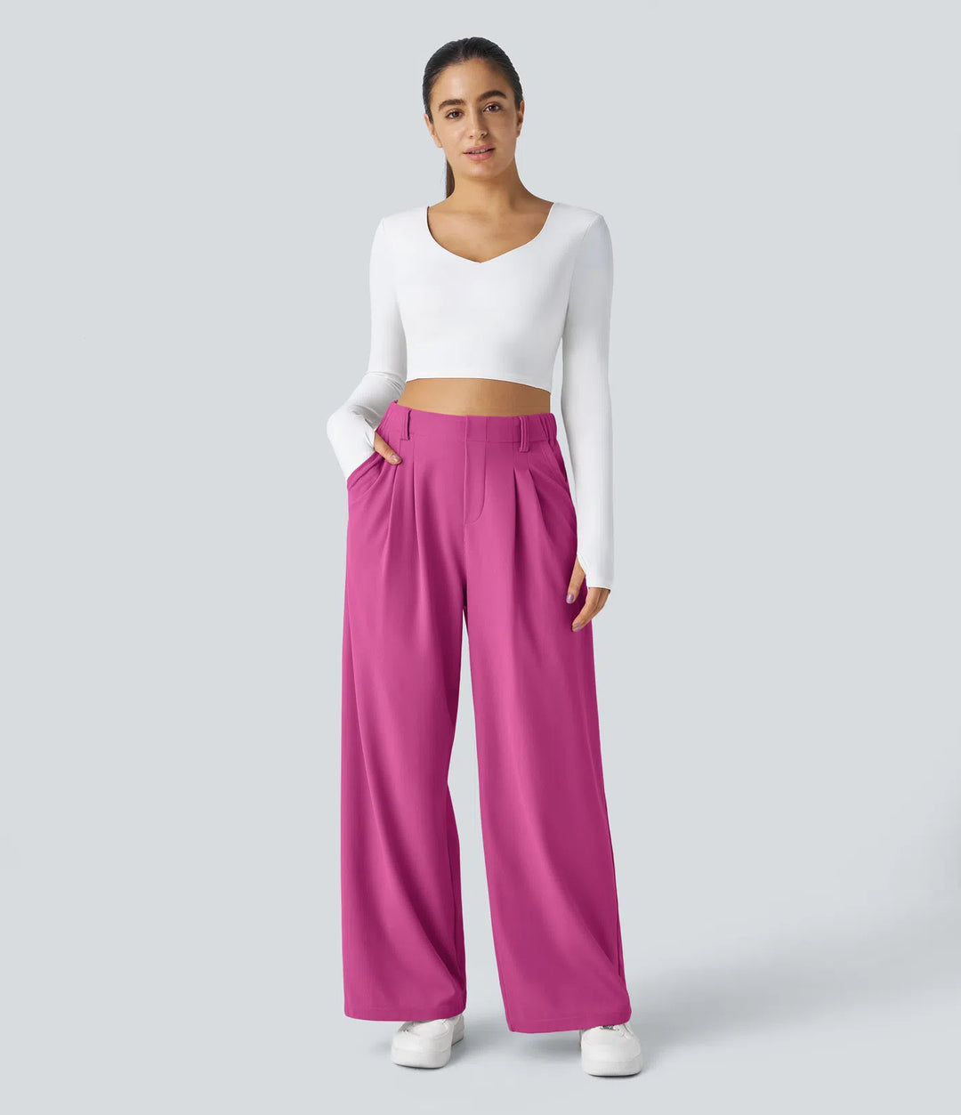 Pantalon fluide à taille haute et jambes larges, en tissu gaufré, avec poches latérales