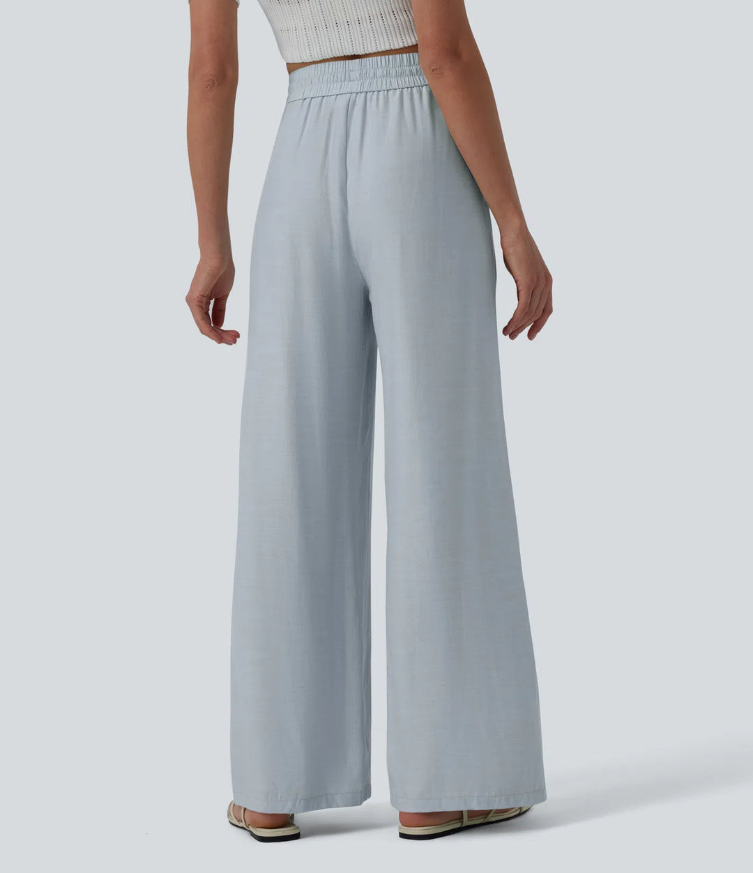 Pantalon casual large mélange lin taille haute avec cordon de serrage et poches