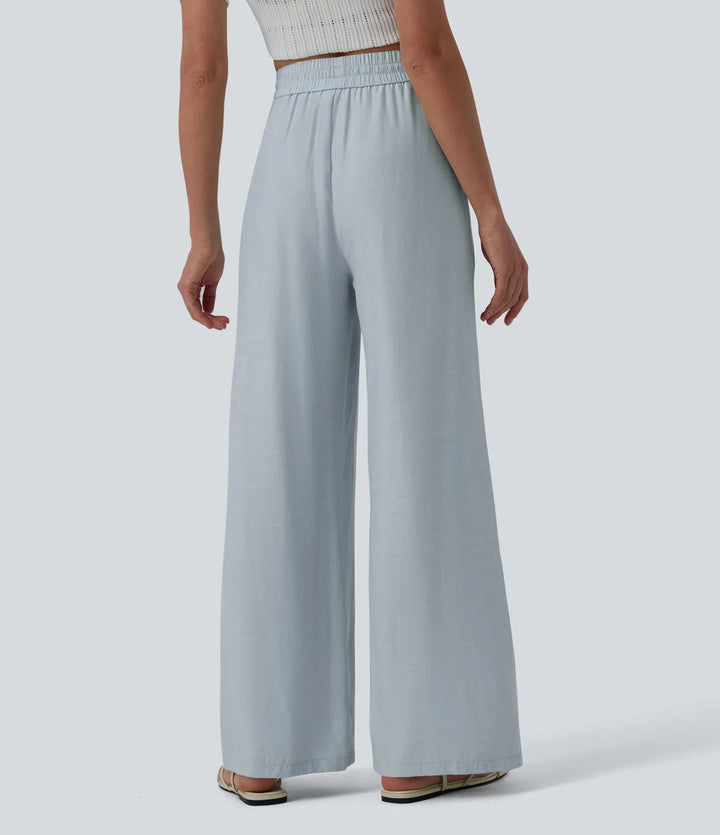 Pantalon casual large mélange lin taille haute avec cordon de serrage et poches