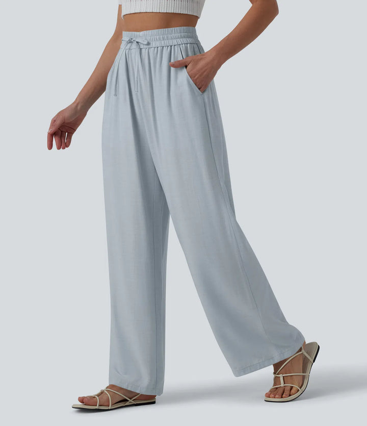 Pantalon casual large mélange lin taille haute avec cordon de serrage et poches