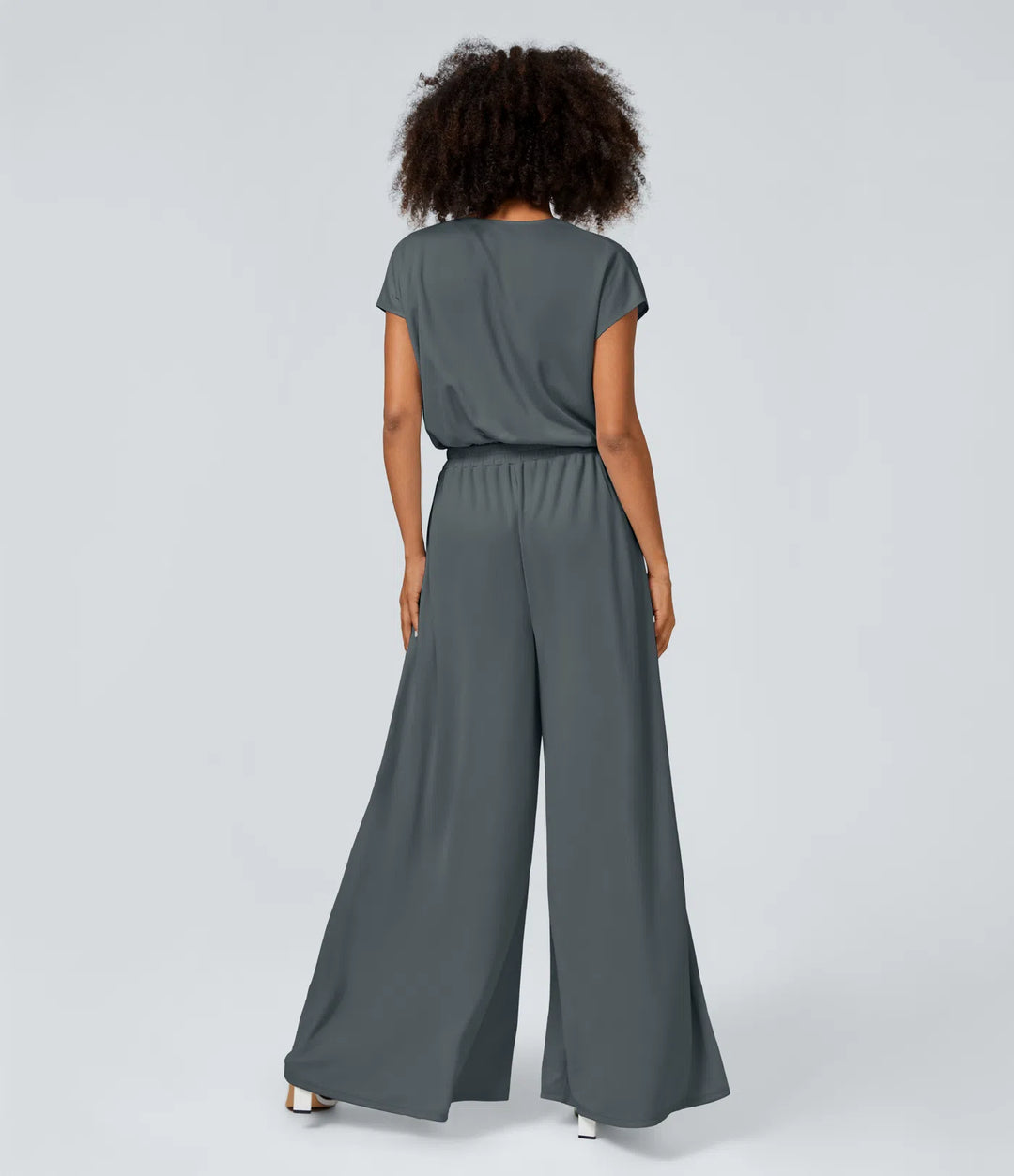 Combinaison Casual Col en V Jambes Large Plissée Manches Courtes Poche Latérale Gaufrée Fluide