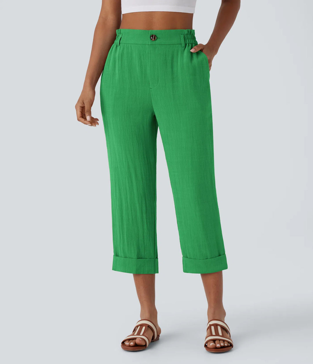 Pantalon capri effet lin taille haute avec poches zippées