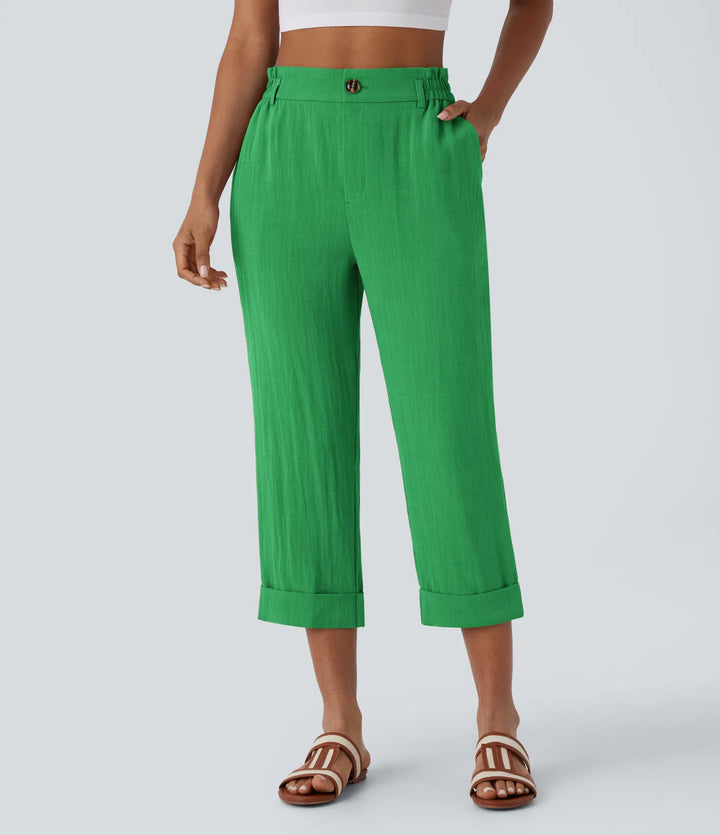 Pantalon capri effet lin taille haute avec poches zippées
