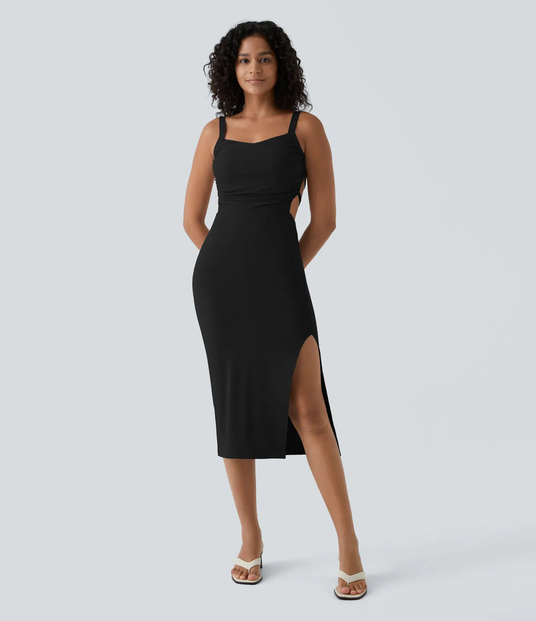 Robe midi casual laquée fendue, brassière intégrée, dos nu croisé