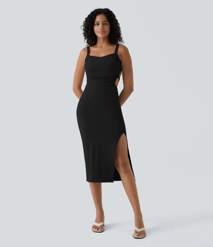 Robe midi casual laquée fendue, brassière intégrée, dos nu croisé