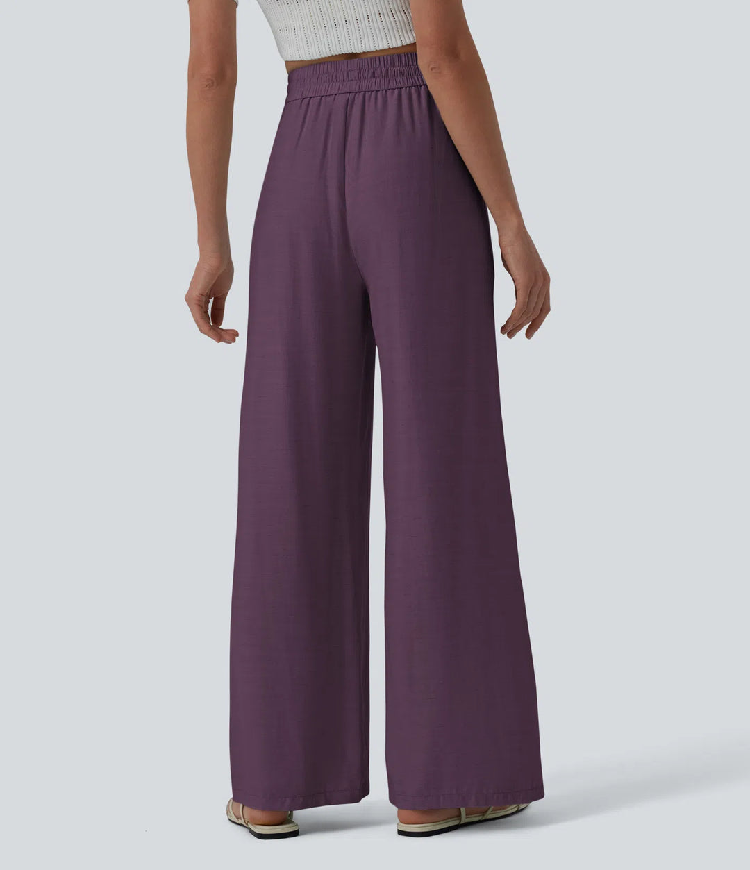 Pantalon casual large mélange lin taille haute avec cordon de serrage et poches