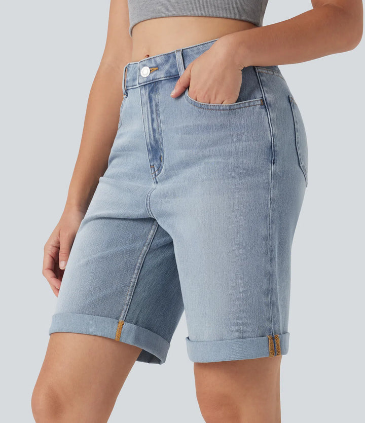 Bermuda décontracté en jean extensible délavé Halara Flex™ taille haute avec revers et multiples poches