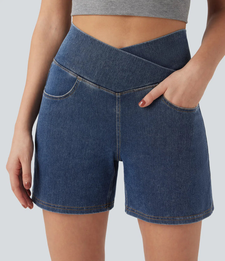 Jean & Marie Short décontracté évasé à jambe large en denim extensible délavé taille haute croisée avec poches multiples