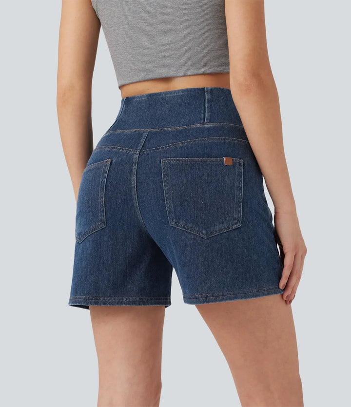 Jean & Marie Short décontracté évasé à jambe large en denim extensible délavé taille haute croisée avec poches multiples