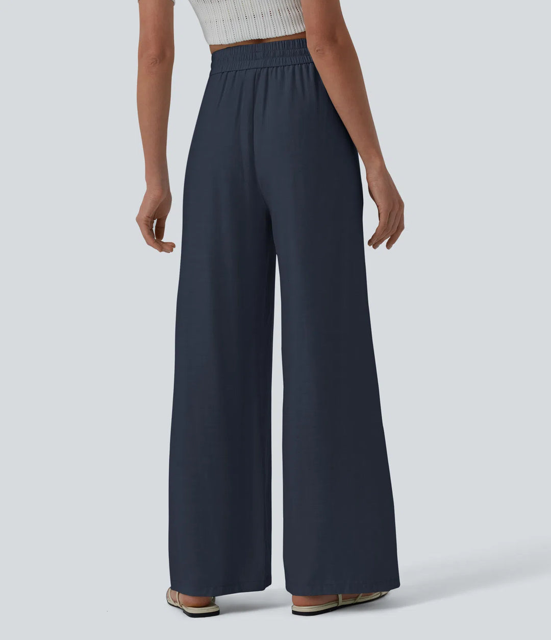 Pantalon casual large mélange lin taille haute avec cordon de serrage et poches
