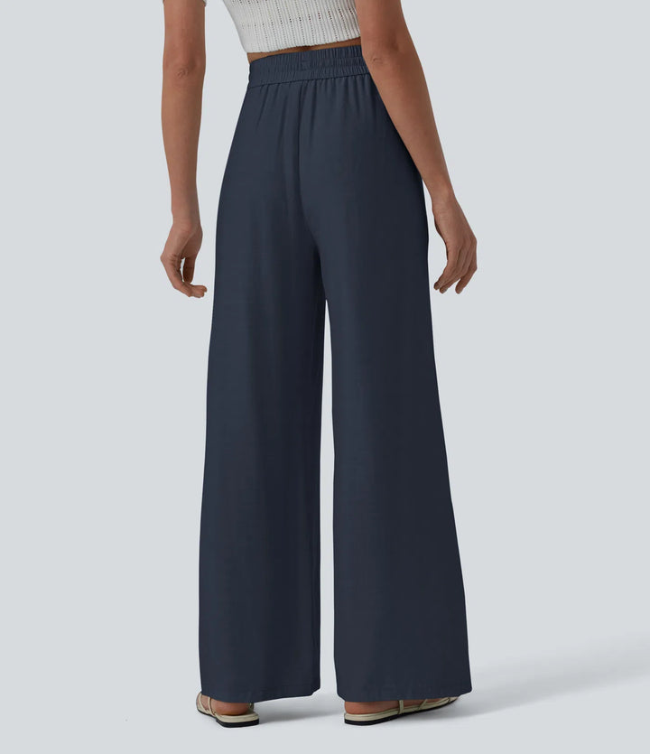 Pantalon casual large mélange lin taille haute avec cordon de serrage et poches