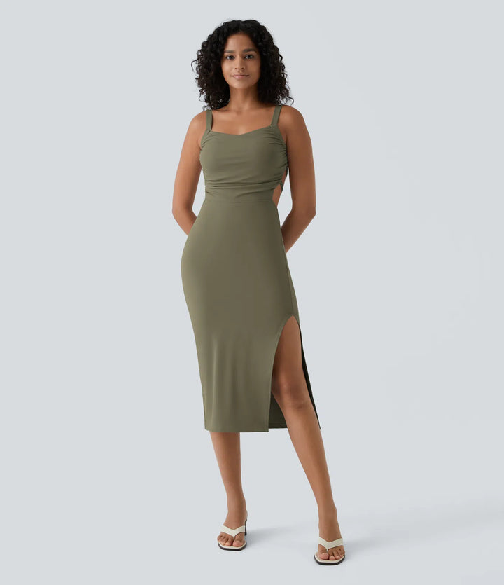Robe midi casual laquée fendue, brassière intégrée, dos nu croisé