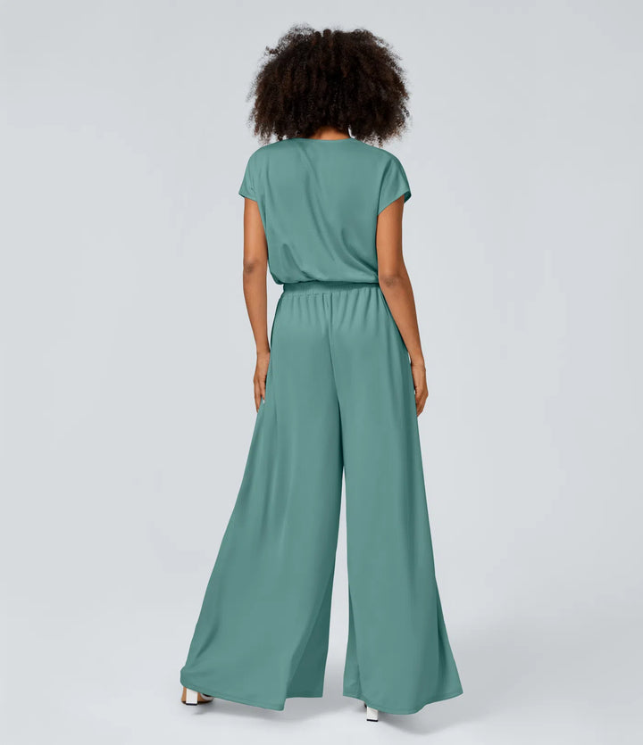 Combinaison Casual Col en V Jambes Large Plissée Manches Courtes Poche Latérale Gaufrée Fluide
