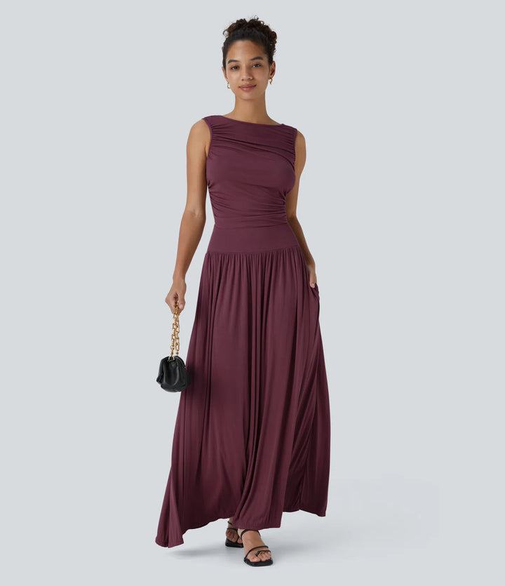 Robe longue décontractée à encolure bateau, bretelles asymétriques, côtés froncés et poches