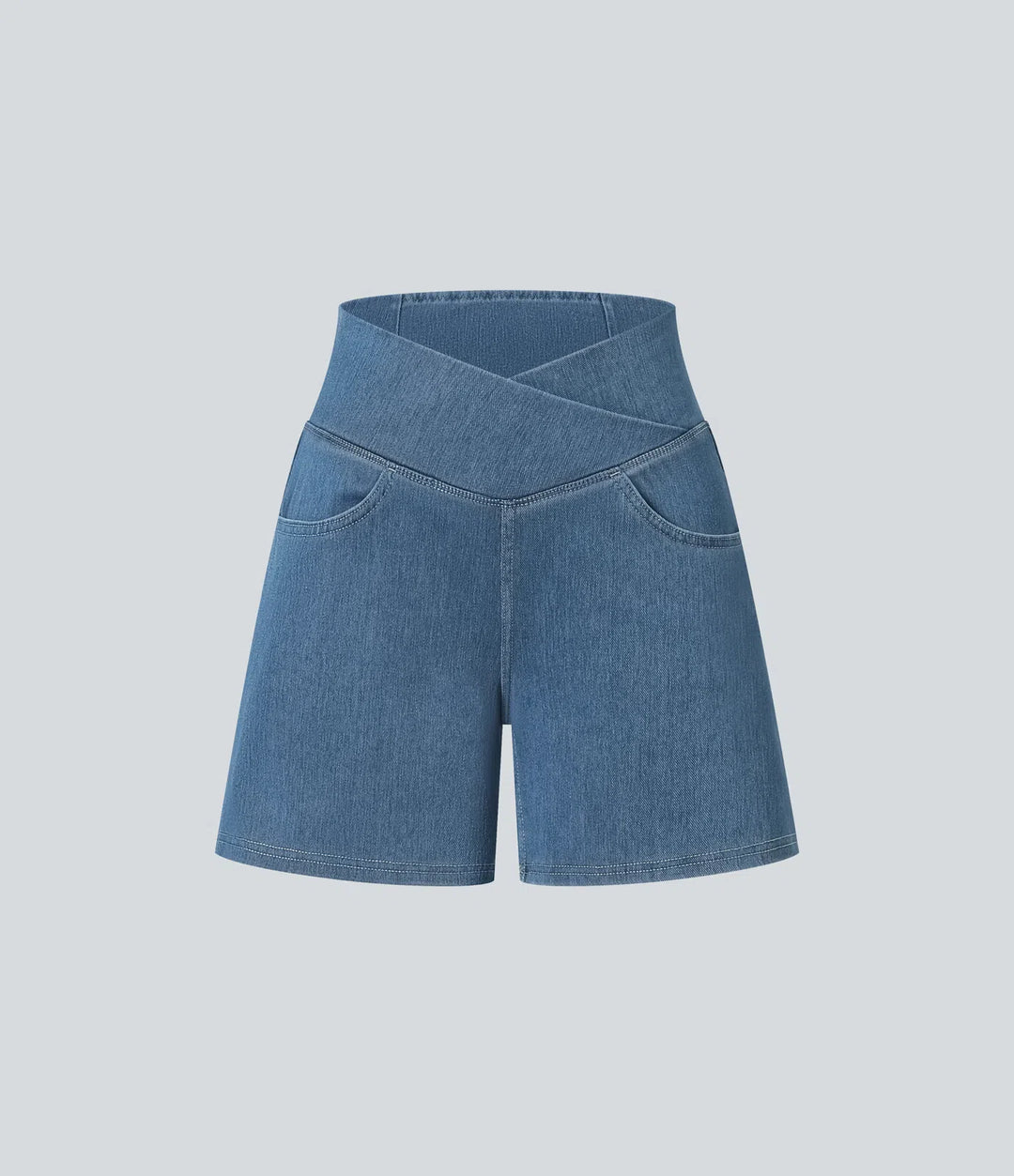 Jean & Marie Short décontracté évasé à jambe large en denim extensible délavé taille haute croisée avec poches multiples